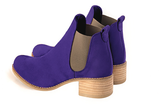 Violet purple and bronze beige women's ankle boots, with elastics. Round toe. Low leather soles. Rear view - Florence KOOIJMAN